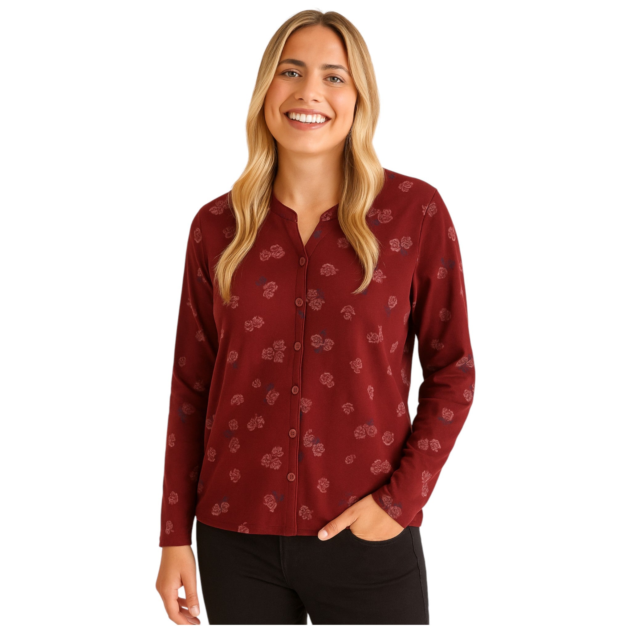 Women's burgundy long sleeve button-up top with pink floral print and v-neckline.